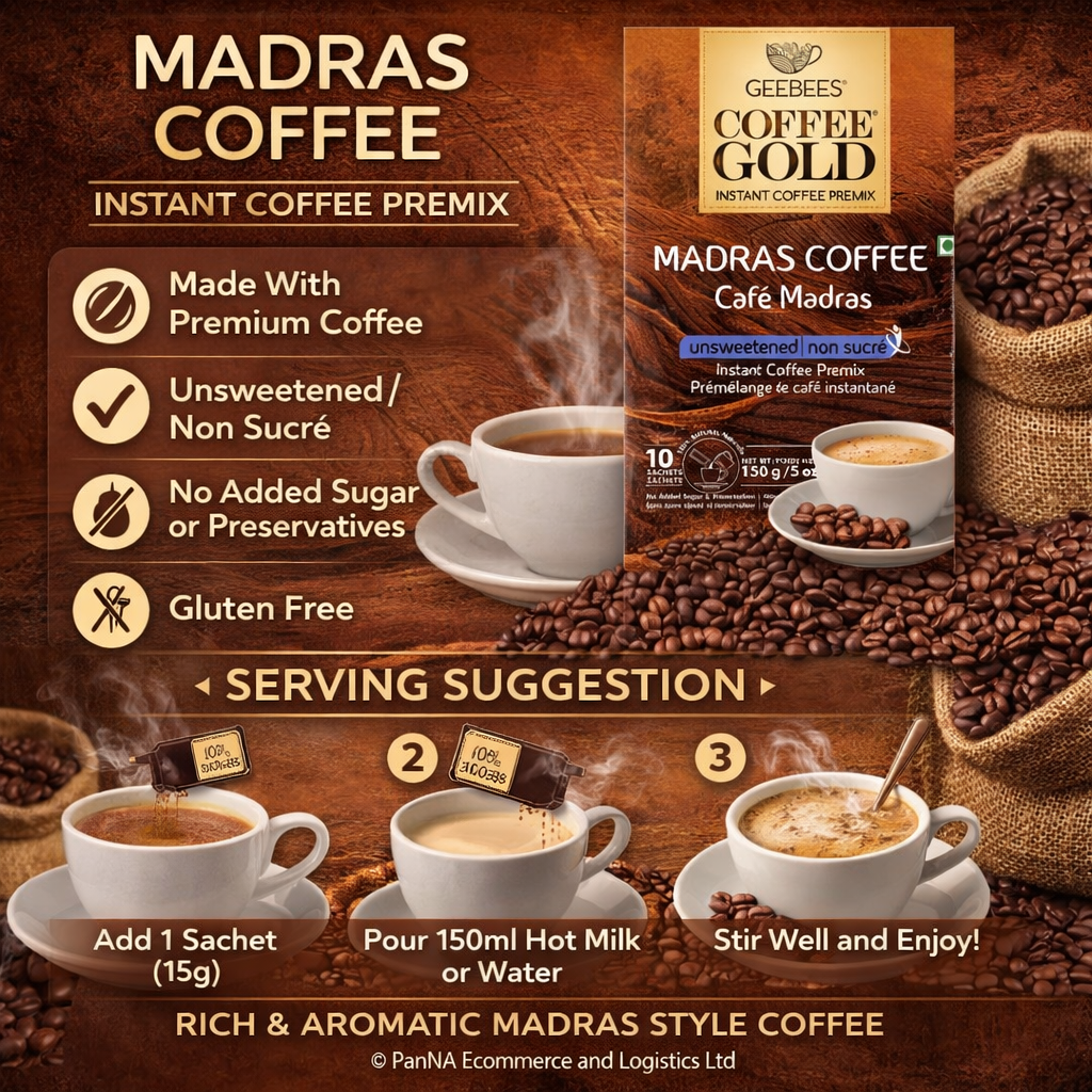 GeeBees Chai Gold Madras Coffee Unsweetened Instant Coffee Premix, 150g (5oz), Authentic South Indian Filter Coffee Flavor, No Added Sugar, Gluten-Free, 10 Sachets
