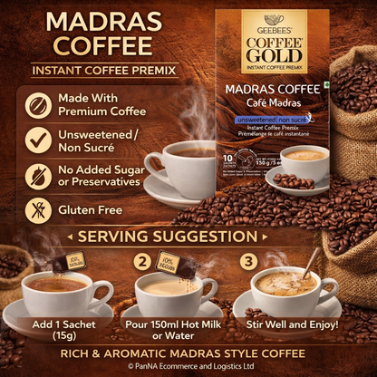 GeeBees Chai Gold Madras Coffee Unsweetened Instant Coffee Premix, 150g (5oz), Authentic South Indian Filter Coffee Flavor, No Added Sugar, Gluten-Free, 10 Sachets