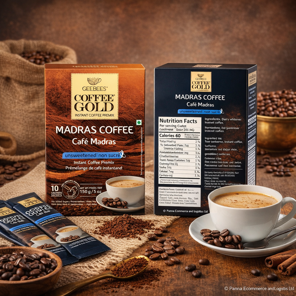 GeeBees Chai Gold Madras Coffee Unsweetened Instant Coffee Premix, 150g (5oz), Authentic South Indian Filter Coffee Flavor, No Added Sugar, Gluten-Free, 10 Sachets