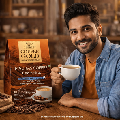GeeBees Chai Gold Madras Coffee Unsweetened Instant Coffee Premix, 150g (5oz), Authentic South Indian Filter Coffee Flavor, No Added Sugar, Gluten-Free, 10 Sachets