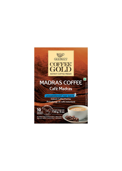 GeeBees Chai Gold Madras Coffee Unsweetened Instant Coffee Premix, 150g (5oz), Authentic South Indian Filter Coffee Flavor, No Added Sugar, Gluten-Free, 10 Sachets