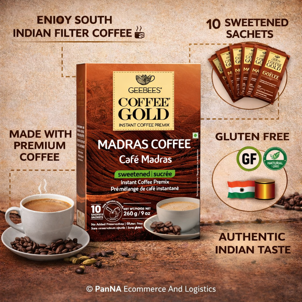 Geebees Coffee Gold Madras Coffee Instant Premix, Sweetened, 260g (9 oz), 10 Sachets, Café Style Filter Coffee, Quick & Easy Ready Mix