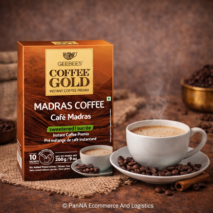 Geebees Coffee Gold Madras Coffee Instant Premix, Sweetened, 260g (9 oz), 10 Sachets, Café Style Filter Coffee, Quick & Easy Ready Mix