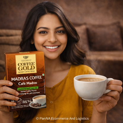 Geebees Coffee Gold Madras Coffee Instant Premix, Sweetened, 260g (9 oz), 10 Sachets, Café Style Filter Coffee, Quick & Easy Ready Mix