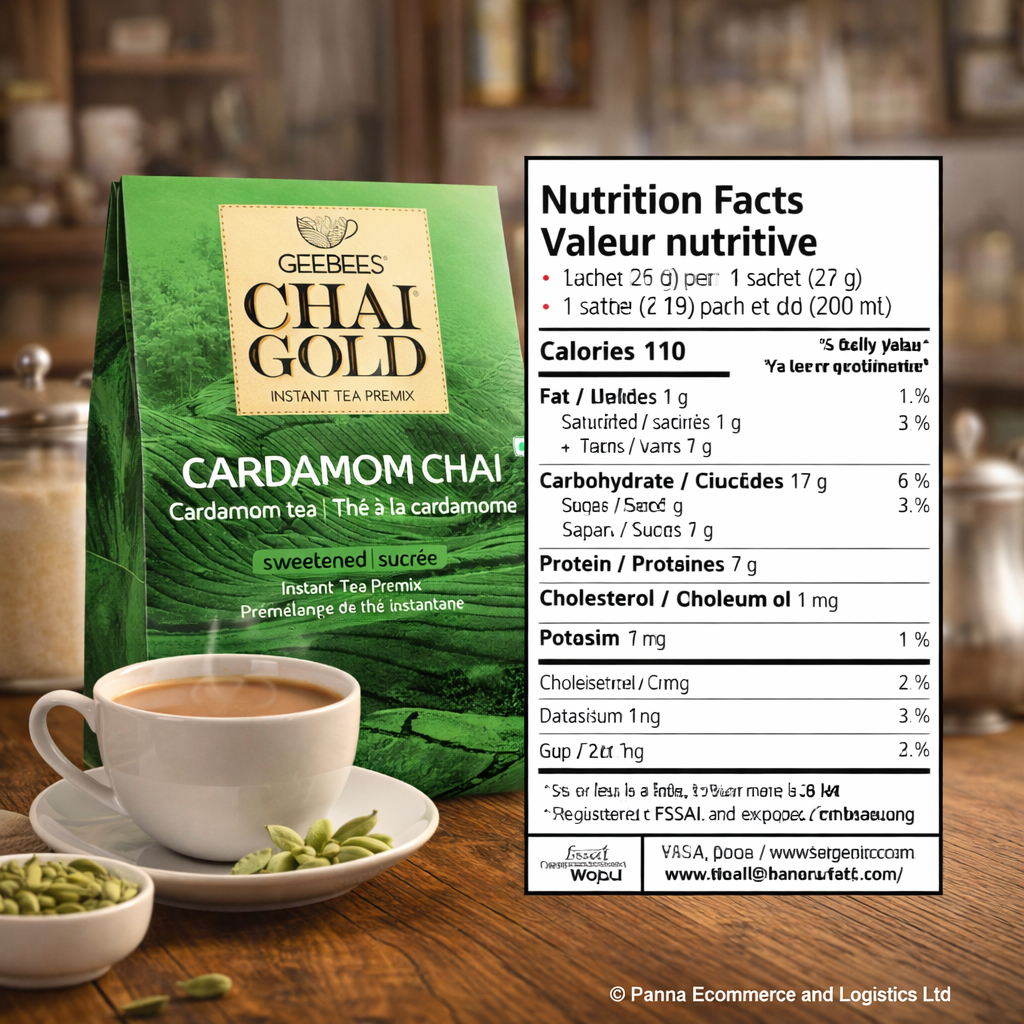GeeBees Chai Gold Cardamom Chai, Sweetened, Instant Pre-Mix, 10 Sachets, Authentic Indian Cardamom Tea, Ready to Drink Tea - No Added preservatives, Natural Tea