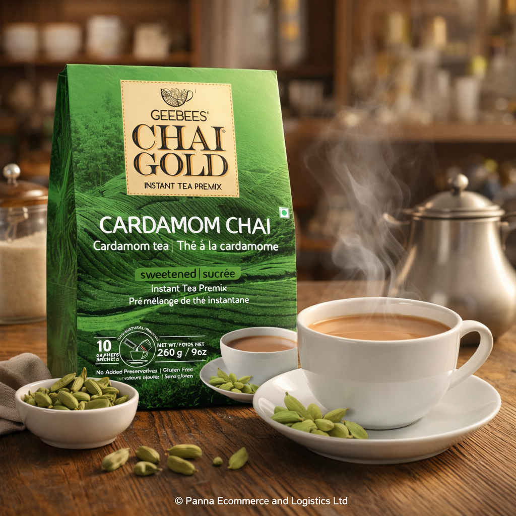 GeeBees Chai Gold Cardamom Chai, Sweetened, Instant Pre-Mix, 10 Sachets, Authentic Indian Cardamom Tea, Ready to Drink Tea - No Added preservatives, Natural Tea