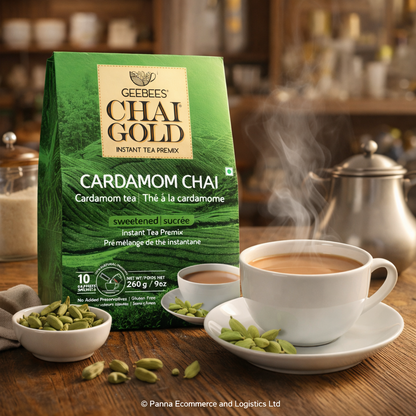 GeeBees Chai Gold Cardamom Chai, Sweetened, Instant Pre-Mix, 10 Sachets, Authentic Indian Cardamom Tea, Ready to Drink Tea - No Added preservatives, Natural Tea
