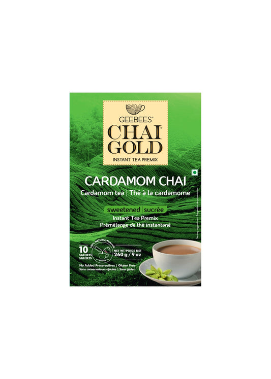 GeeBees Chai Gold Cardamom Chai, Sweetened, Instant Pre-Mix, 10 Sachets, Authentic Indian Cardamom Tea, Ready to Drink Tea - No Added preservatives, Natural Tea
