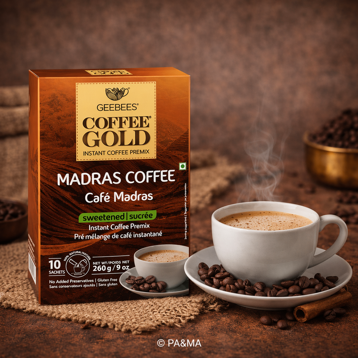 Geebees Coffee Gold Madras Coffee Instant Premix, Sweetened, 260g (9 oz), 10 Sachets, Café Style Filter Coffee, Quick & Easy Ready Mix