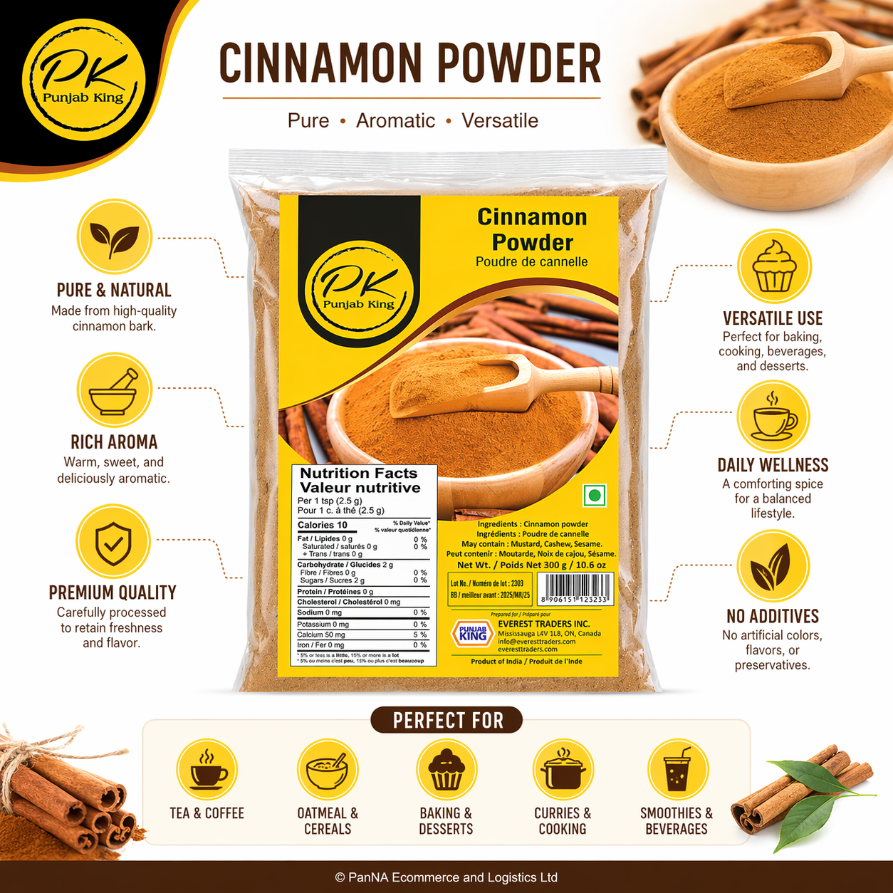 Punjab King Cinnamon Powder 300g | Premium Ground Dalchini | 100% Pure Natural Spice | Aromatic Baking & Cooking Ingredient | Product of India