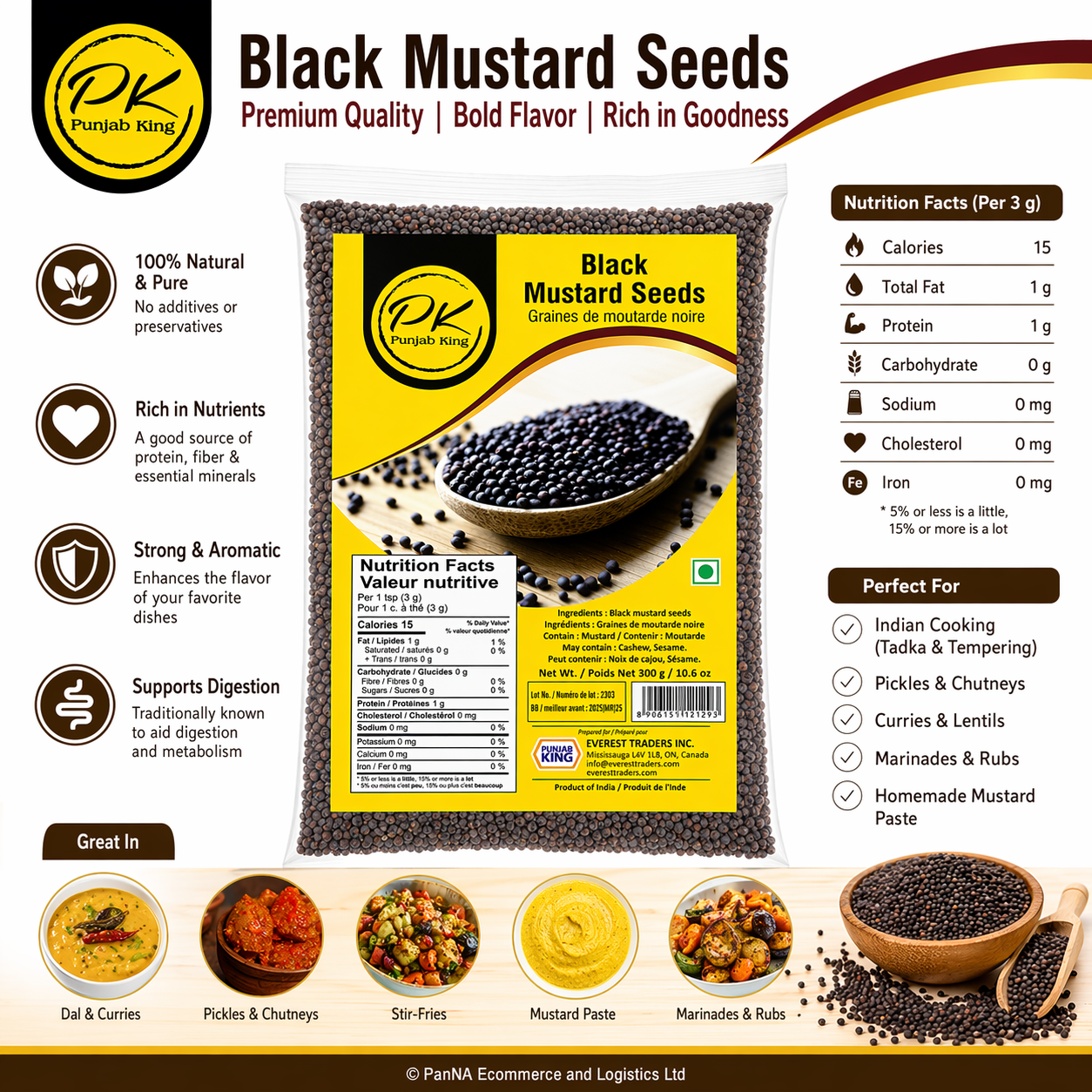 Punjab King Black Mustard Seeds 300g (10.6 oz) – Premium Whole Rai Seeds for Cooking, Pickling & Tempering – Natural Indian Spice, Rich Aroma & Flavor
