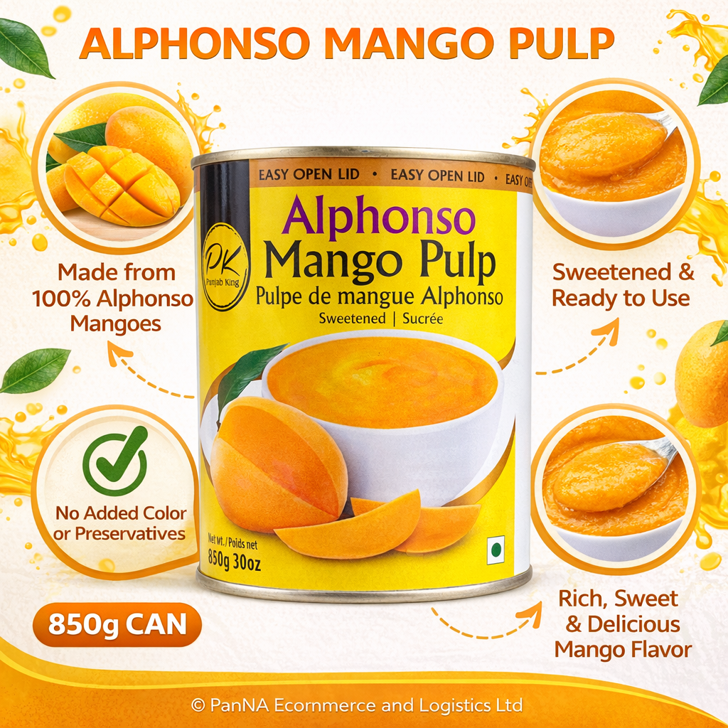 Punjab King Alphonso Mango Pulp 850g (Sweetened) – Premium Kesar Mango Puree, Ready-to-Eat Fruit Pulp for Desserts, Drinks & Cooking
