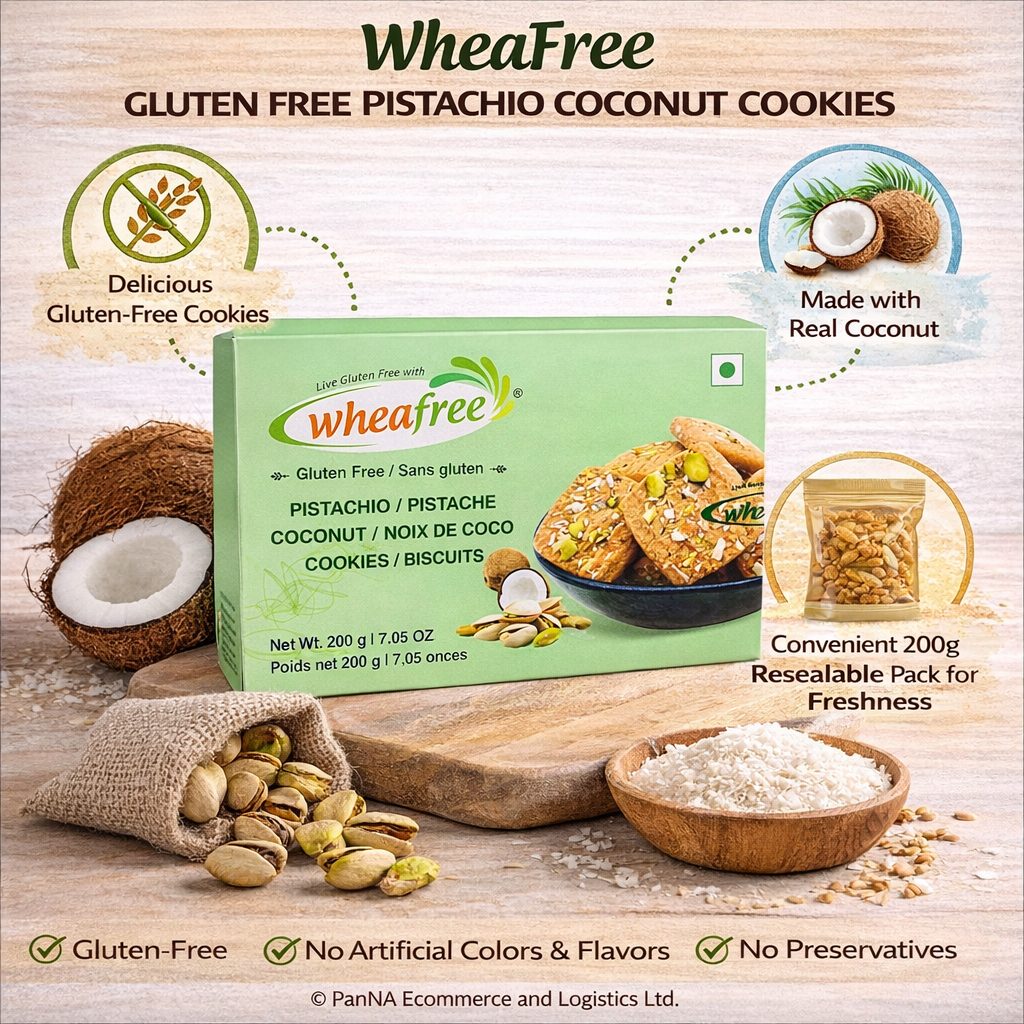Wheafree Gluten Free Pistachio Coconut Cookies 200g – Healthy Biscuits | Crunchy Nut Cookies | No Gluten Snack | Premium Tea-Time Cookies