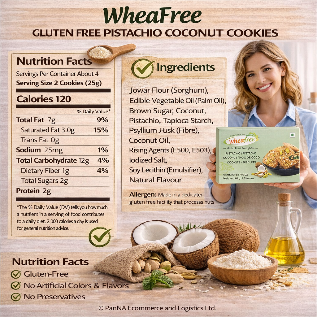 Wheafree Gluten Free Pistachio Coconut Cookies 200g – Healthy Biscuits | Crunchy Nut Cookies | No Gluten Snack | Premium Tea-Time Cookies