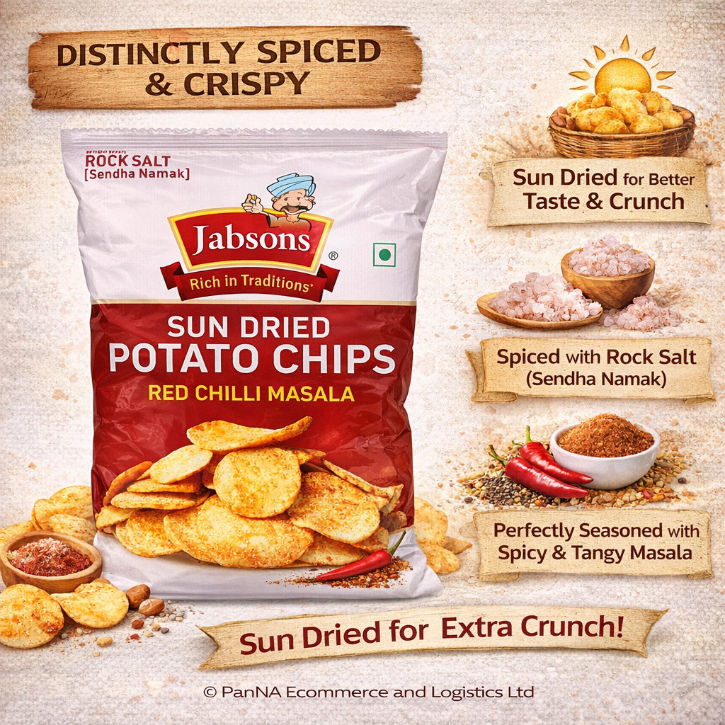 Jabsons Sun-Dried Potato Chips 110g – Red Chilli Masala | Made with Rock Salt (Sendha Namak) | Crunchy Spicy Chips | Tea-Time Snack