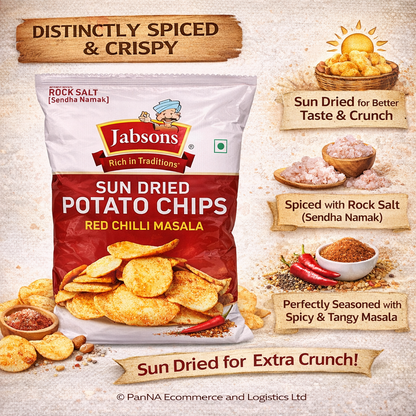 Jabsons Sun-Dried Potato Chips 110g – Red Chilli Masala | Made with Rock Salt (Sendha Namak) | Crunchy Spicy Chips | Tea-Time Snack