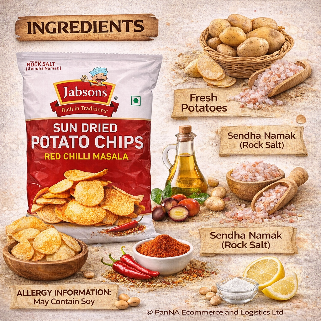 Jabsons Sun-Dried Potato Chips 110g – Red Chilli Masala | Made with Rock Salt (Sendha Namak) | Crunchy Spicy Chips | Tea-Time Snack