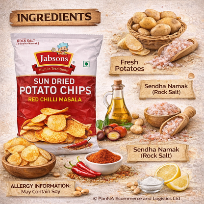 Jabsons Sun-Dried Potato Chips 110g – Red Chilli Masala | Made with Rock Salt (Sendha Namak) | Crunchy Spicy Chips | Tea-Time Snack