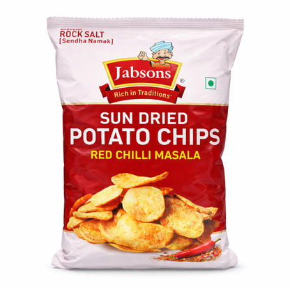 Jabsons Sun-Dried Potato Chips 110g – Red Chilli Masala | Made with Rock Salt (Sendha Namak) | Crunchy Spicy Chips | Tea-Time Snack