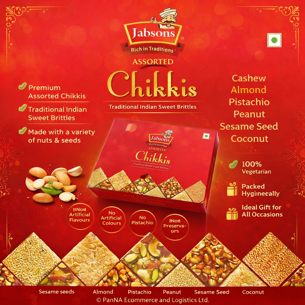 Jabsons Assorted Chikkis 400g | Traditional Indian Nut Brittle Sweets | Peanut, Sesame, Cashew, Almond & Pistachio Chikki | Healthy Sweet Snack Gift Pack