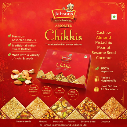 Jabsons Assorted Chikkis 400g | Traditional Indian Nut Brittle Sweets | Peanut, Sesame, Cashew, Almond & Pistachio Chikki | Healthy Sweet Snack Gift Pack