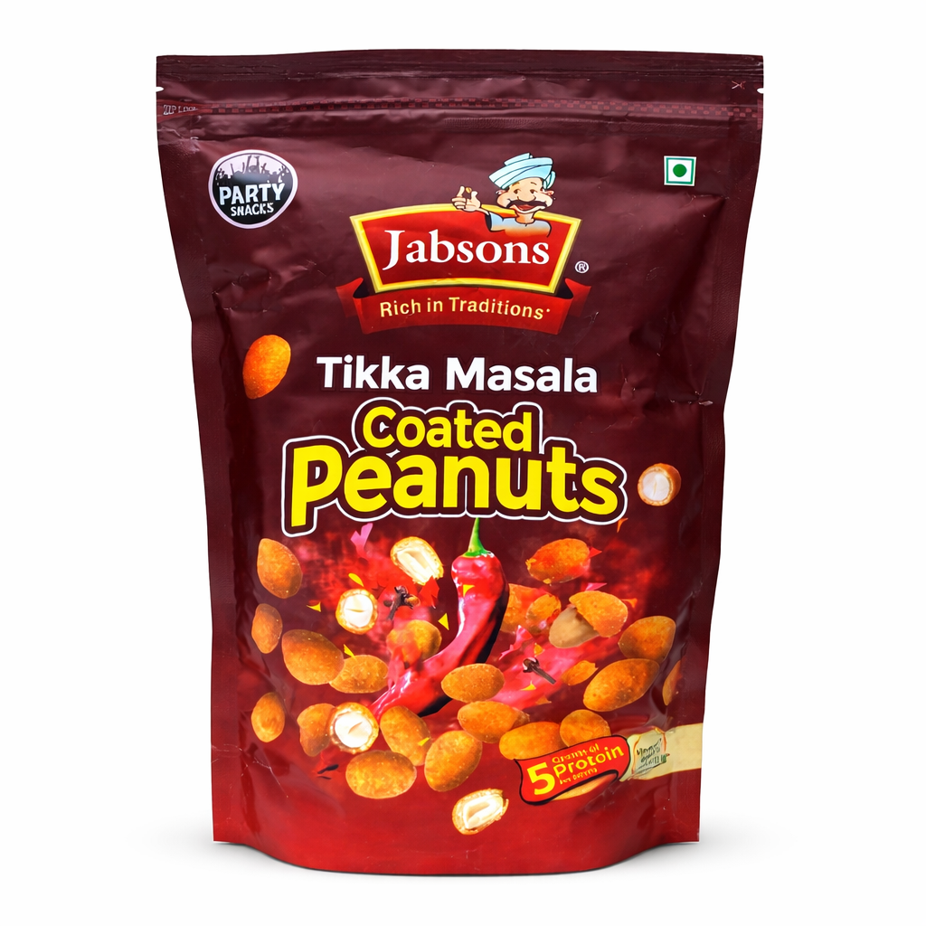 Jabsons Tikka Masala Coated Peanuts 400g – Crunchy Spicy Peanuts Snack | High Protein Namkeen | Party Snack | Tea-Time Munchies