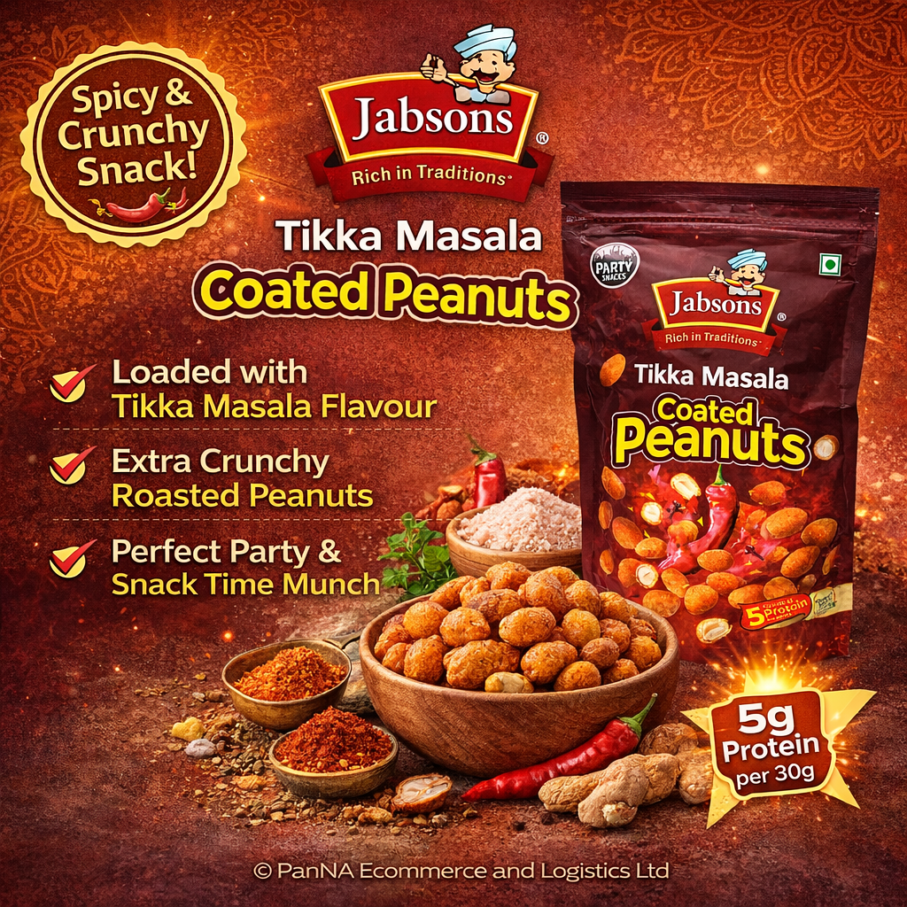 Jabsons Tikka Masala Coated Peanuts 400g – Crunchy Spicy Peanuts Snack | High Protein Namkeen | Party Snack | Tea-Time Munchies