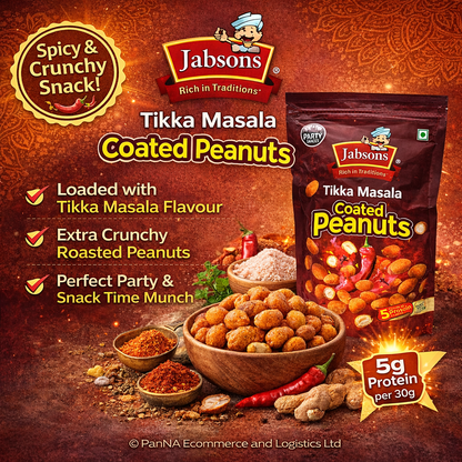 Jabsons Tikka Masala Coated Peanuts 400g – Crunchy Spicy Peanuts Snack | High Protein Namkeen | Party Snack | Tea-Time Munchies