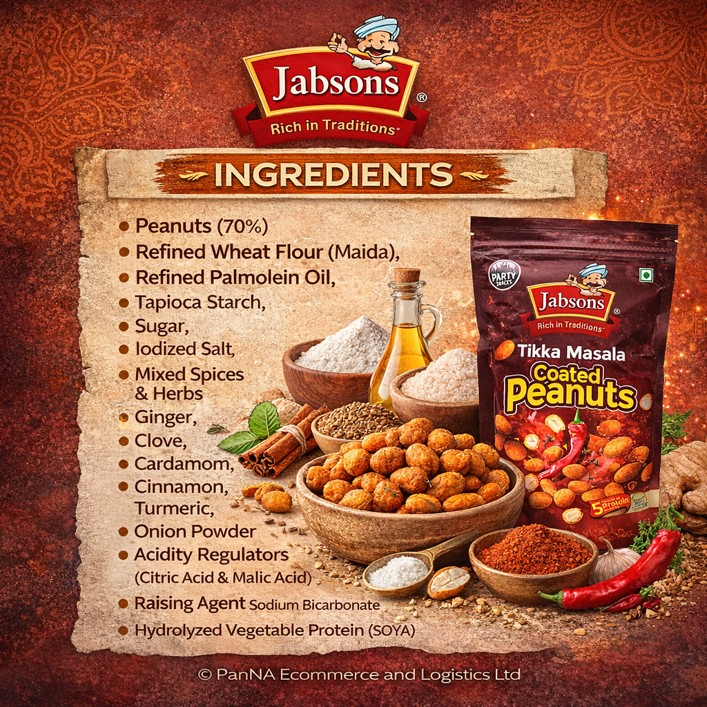 Jabsons Tikka Masala Coated Peanuts 400g – Crunchy Spicy Peanuts Snack | High Protein Namkeen | Party Snack | Tea-Time Munchies