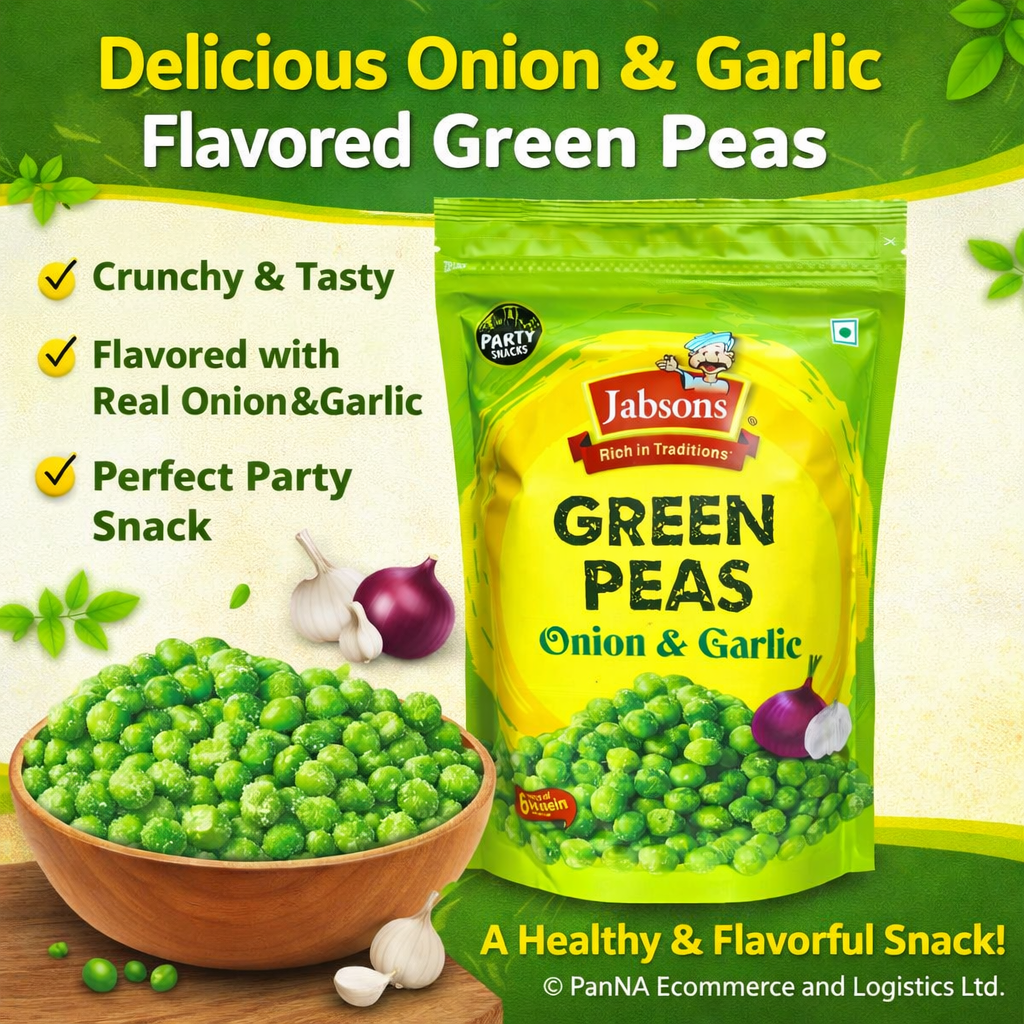 Jabsons Green Peas Snacks – Onion & Garlic Flavour | Crunchy Roasted Matar | High Protein Healthy Snack | Indian Namkeen | Tea Time & Diet Snack