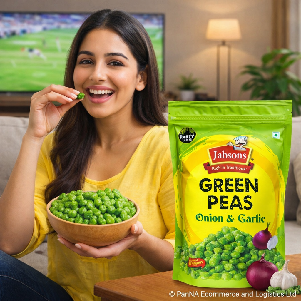 Jabsons Green Peas Snacks – Onion & Garlic Flavour | Crunchy Roasted Matar | High Protein Healthy Snack | Indian Namkeen | Tea Time & Diet Snack