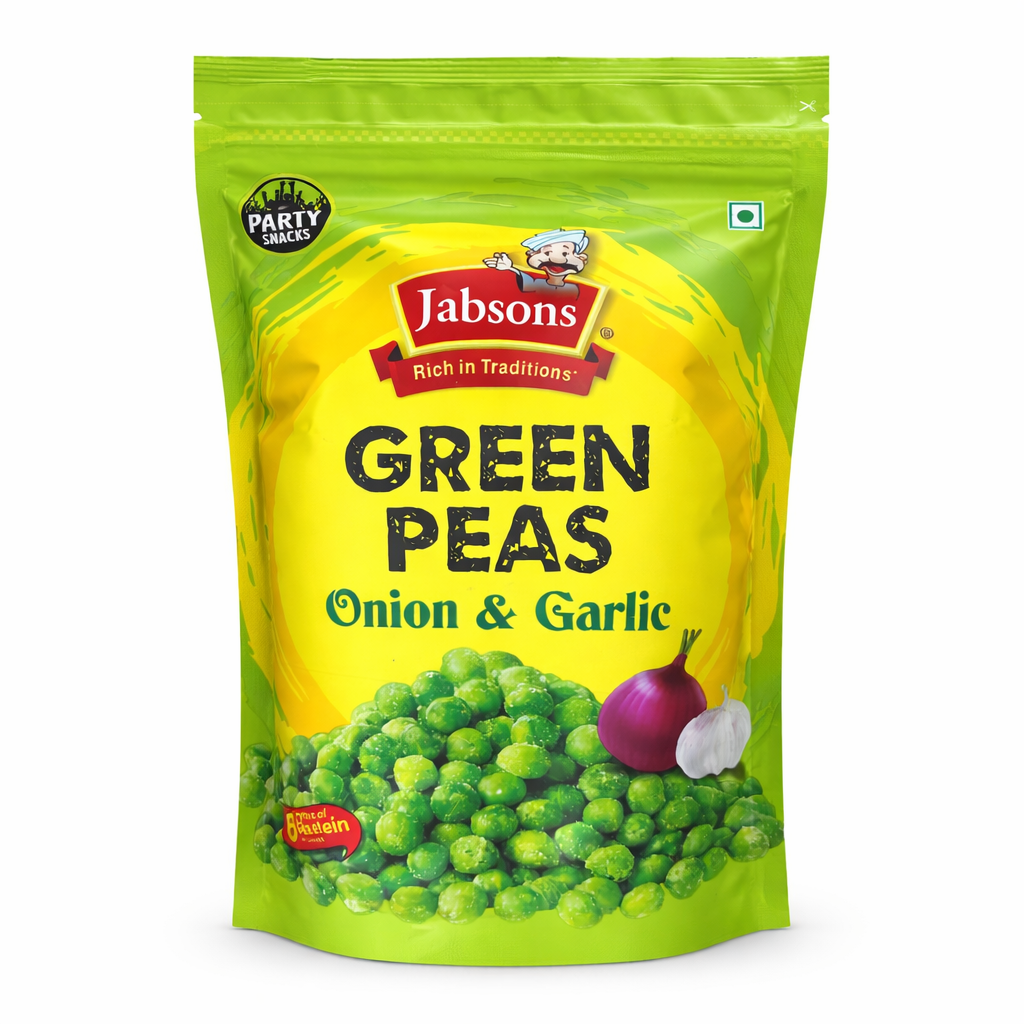 Jabsons Green Peas Snacks – Onion & Garlic Flavour | Crunchy Roasted Matar | High Protein Healthy Snack | Indian Namkeen | Tea Time & Diet Snack
