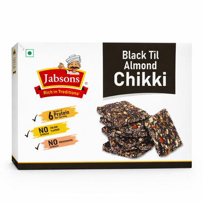 Jabsons Black Til Almond Chikki 270g – High Protein Sesame Almond Brittle | Healthy Traditional Indian Sweet | No Artificial Colour or Preservatives