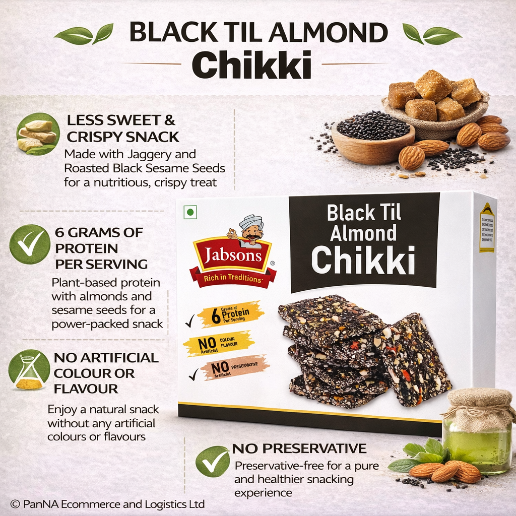 Jabsons Black Til Almond Chikki 270g – High Protein Sesame Almond Brittle | Healthy Traditional Indian Sweet | No Artificial Colour or Preservatives