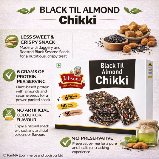Jabsons Black Til Almond Chikki 270g – High Protein Sesame Almond Brittle | Healthy Traditional Indian Sweet | No Artificial Colour or Preservatives