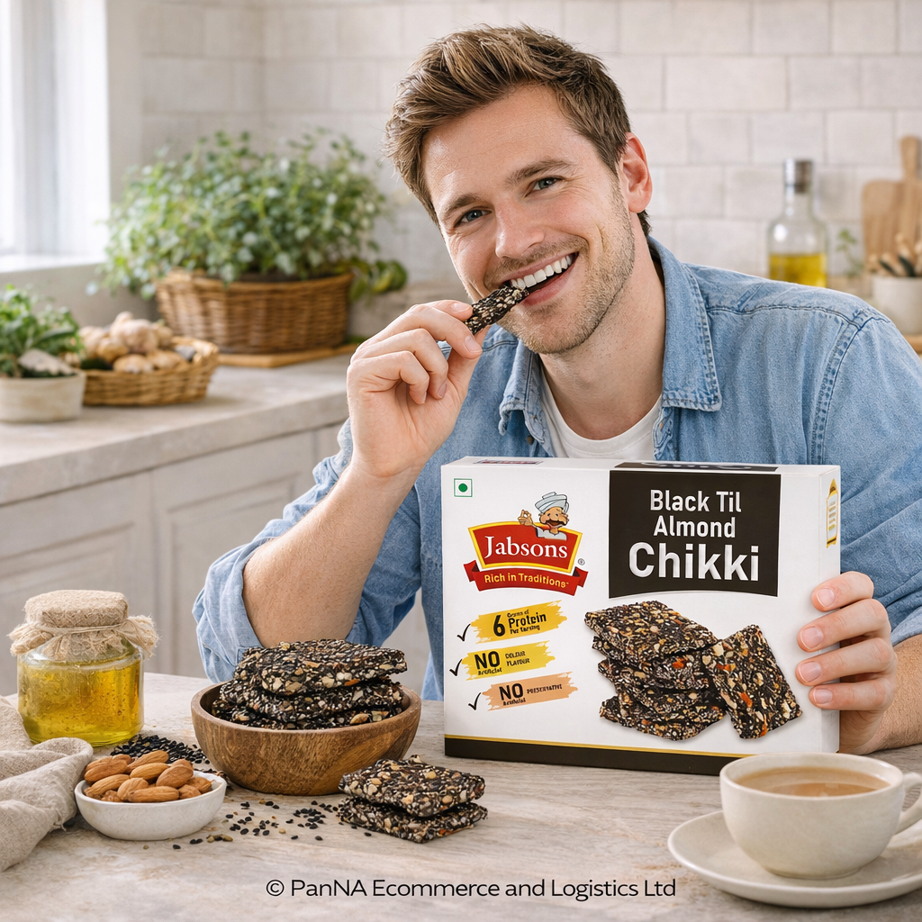 Jabsons Black Til Almond Chikki 270g – High Protein Sesame Almond Brittle | Healthy Traditional Indian Sweet | No Artificial Colour or Preservatives