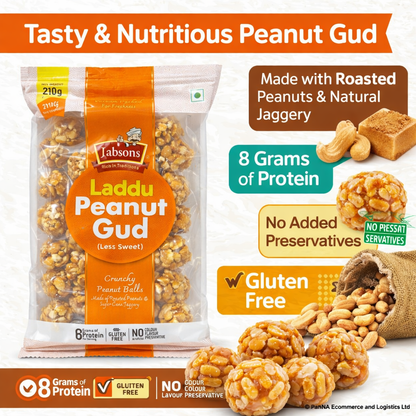 Jabsons Laddu Peanut Gud (Less Sweet) – Crunchy Peanut Balls with Jaggery, High Protein Traditional Indian Sweet, Gluten Free Healthy Snack, Ready to Eat Mithai – 210g