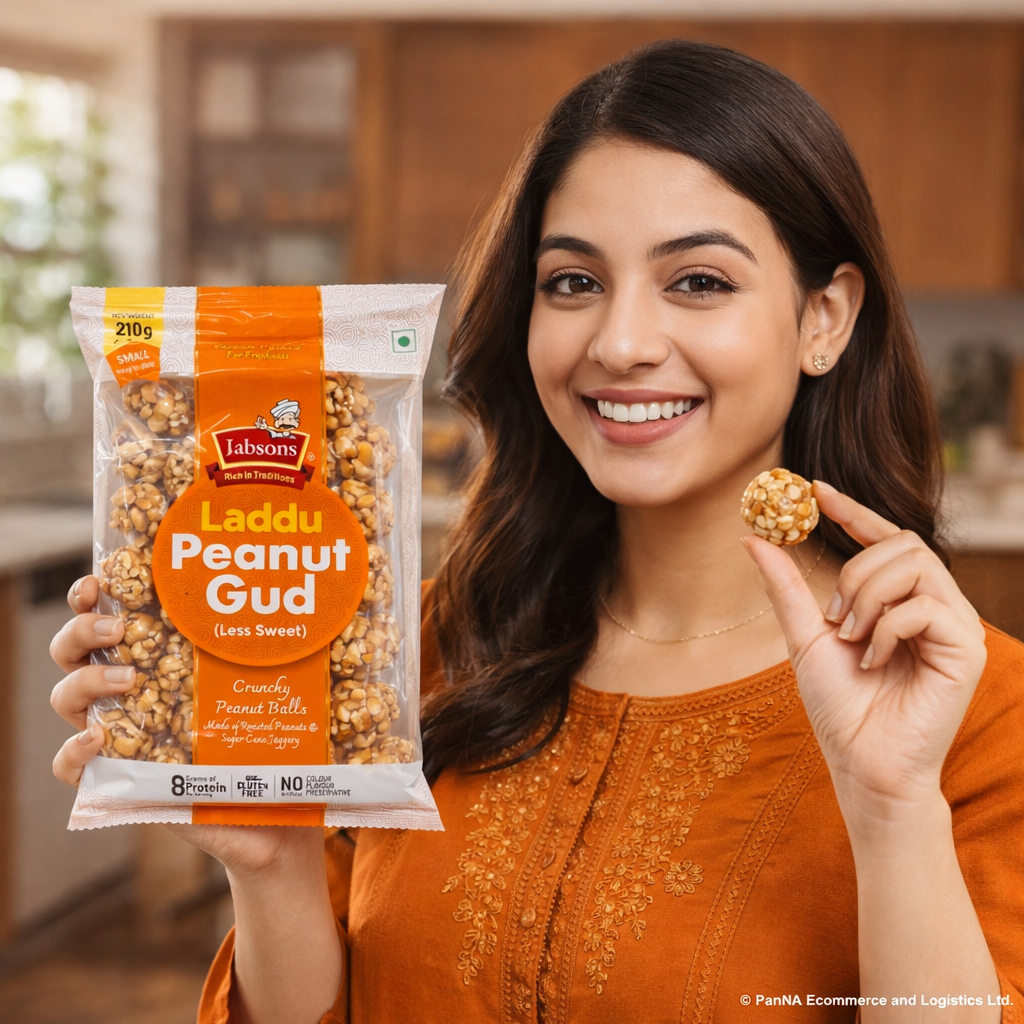 Jabsons Laddu Peanut Gud (Less Sweet) – Crunchy Peanut Balls with Jaggery, High Protein Traditional Indian Sweet, Gluten Free Healthy Snack, Ready to Eat Mithai – 210g