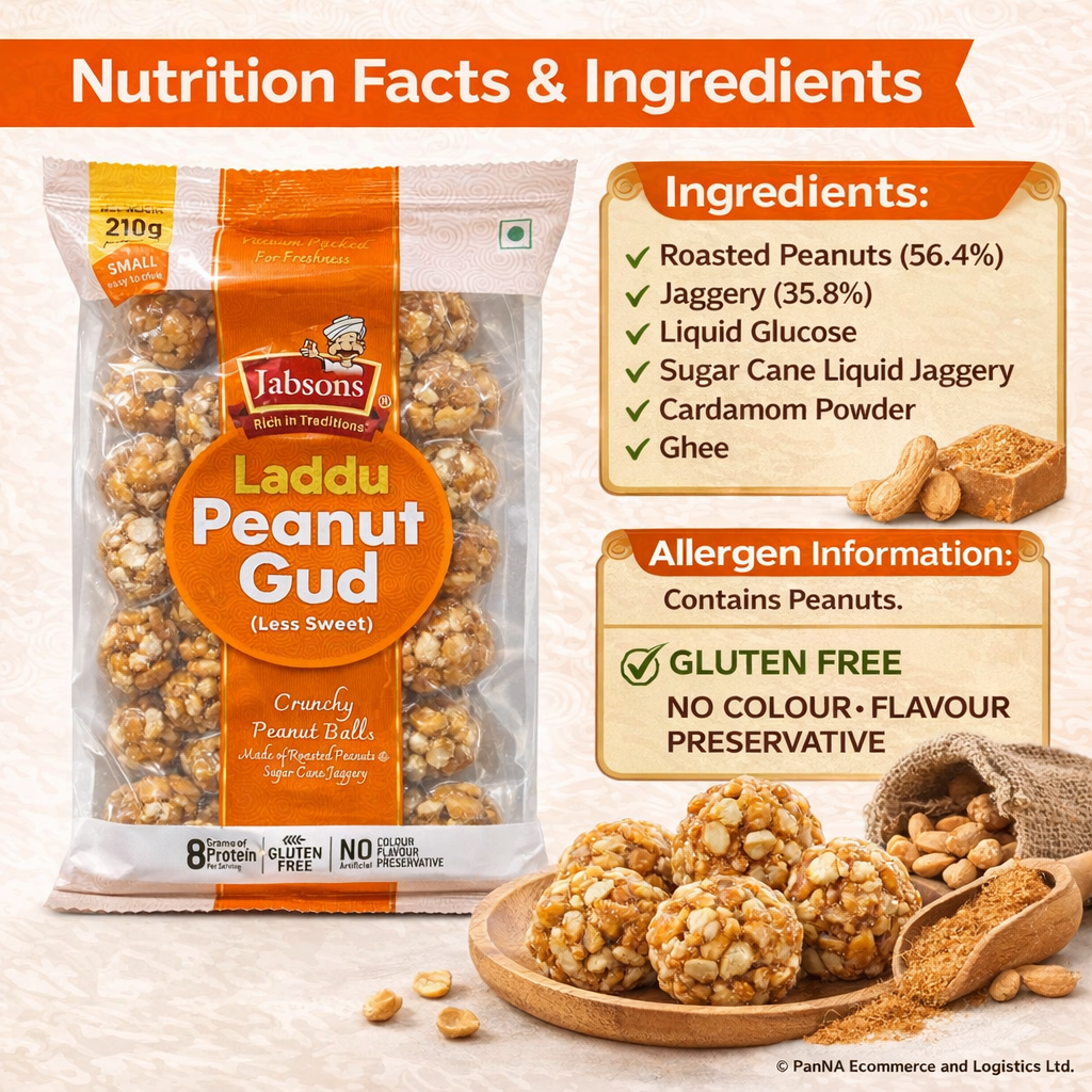 Jabsons Laddu Peanut Gud (Less Sweet) – Crunchy Peanut Balls with Jaggery, High Protein Traditional Indian Sweet, Gluten Free Healthy Snack, Ready to Eat Mithai – 210g