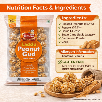 Jabsons Laddu Peanut Gud (Less Sweet) – Crunchy Peanut Balls with Jaggery, High Protein Traditional Indian Sweet, Gluten Free Healthy Snack, Ready to Eat Mithai – 210g