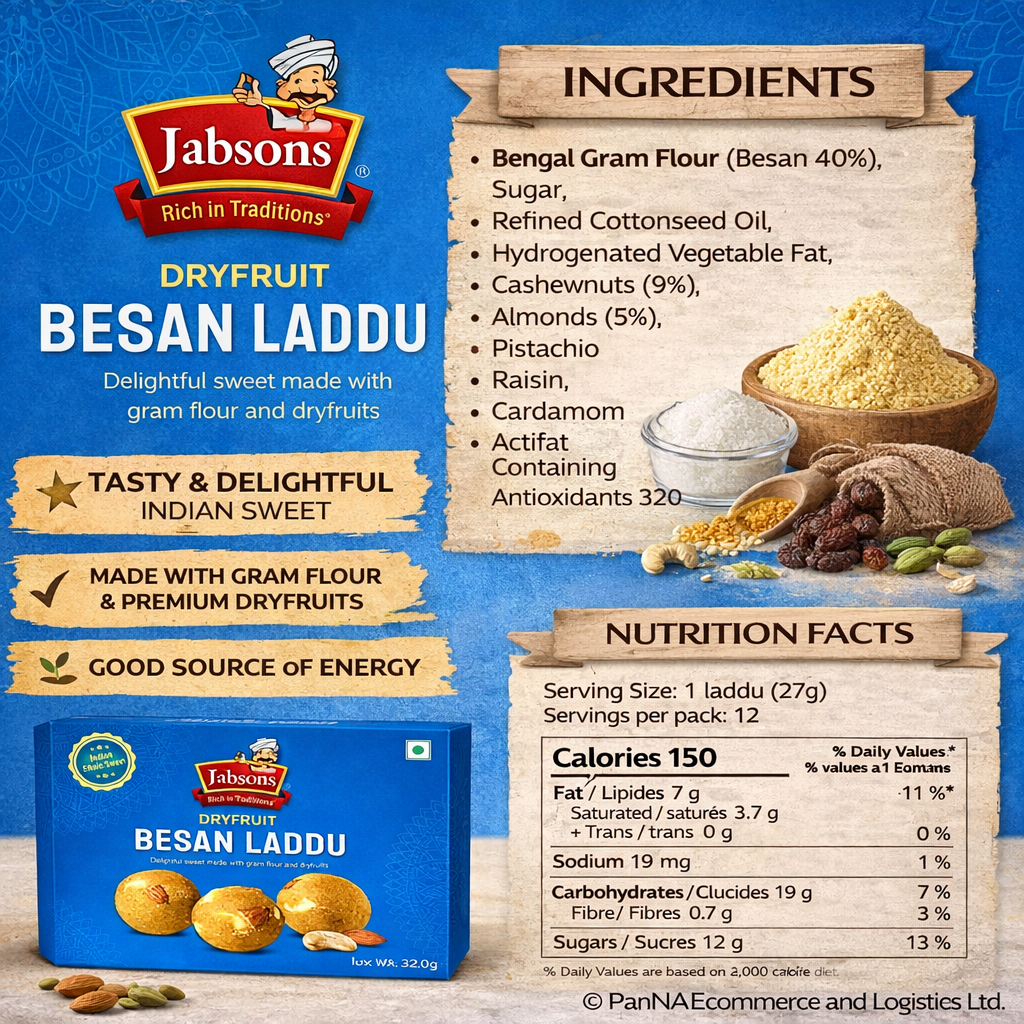 Jabsons Dryfruit Besan Laddu 400g – Premium Indian Sweet | Desi Ghee Besan Ladoo with Nuts | Traditional Mithai | Festive & Gift Pack