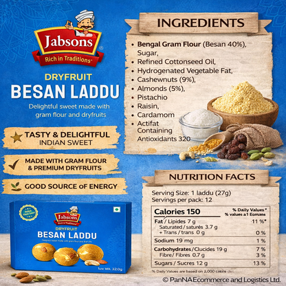 Jabsons Dryfruit Besan Laddu 400g – Premium Indian Sweet | Desi Ghee Besan Ladoo with Nuts | Traditional Mithai | Festive & Gift Pack