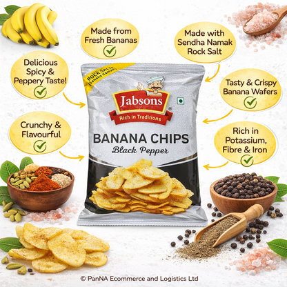 Jabsons Banana Chips Black Pepper | Crunchy Kerala Style Banana Wafers | Rock Salt (Sendha Namak) Snacks | Crispy Spicy Banana Chips | Ready-to-Eat Indian Snack