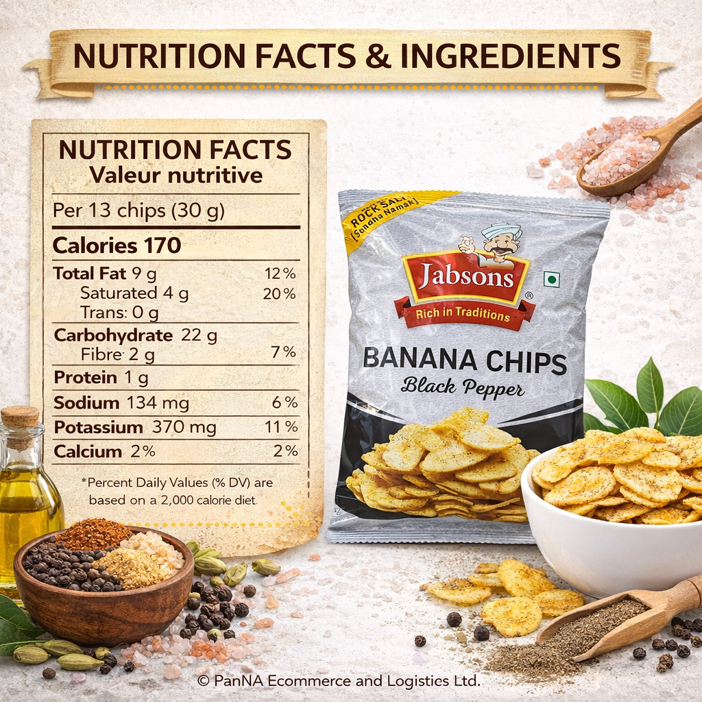 Jabsons Banana Chips Black Pepper | Crunchy Kerala Style Banana Wafers | Rock Salt (Sendha Namak) Snacks | Crispy Spicy Banana Chips | Ready-to-Eat Indian Snack