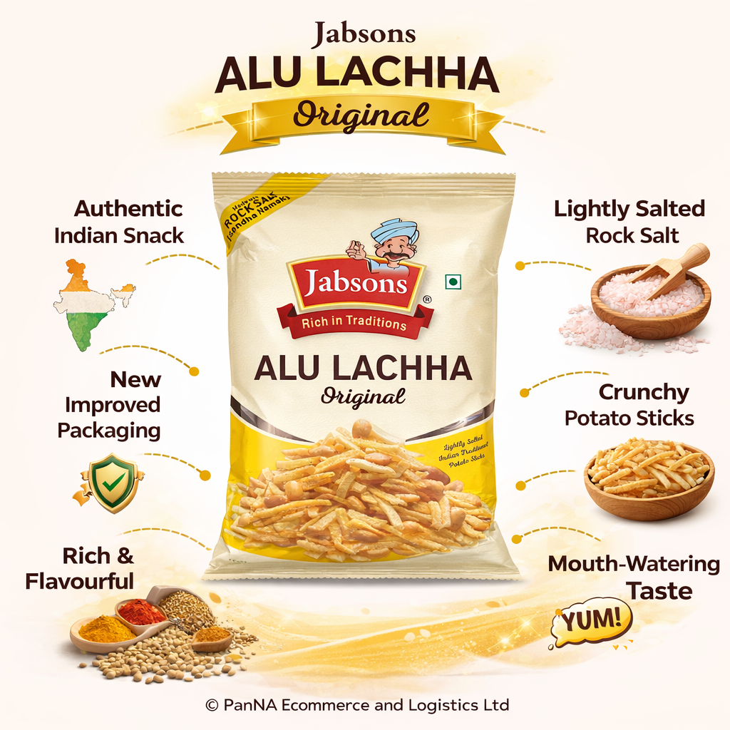 Jabsons Alu Lachha Original – Crispy Potato Sticks with Sendha Namak | Indian Namkeen Snack | Crunchy Tea Time Snack | Lightly Salted Aloo Lachha | Ready to Eat Snack