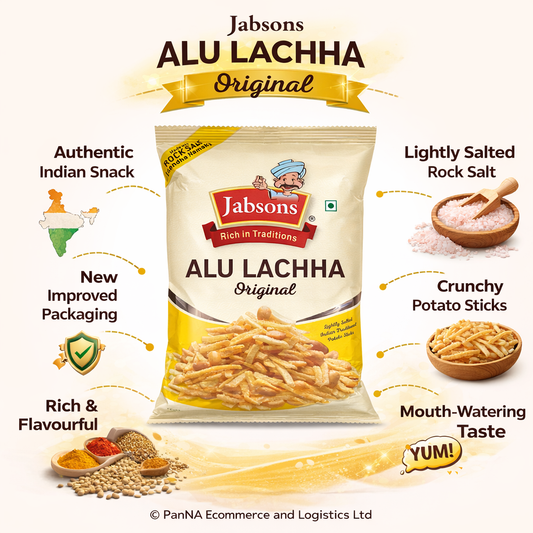 Jabsons Alu Lachha Original – Crispy Potato Sticks with Sendha Namak | Indian Namkeen Snack | Crunchy Tea Time Snack | Lightly Salted Aloo Lachha | Ready to Eat Snack