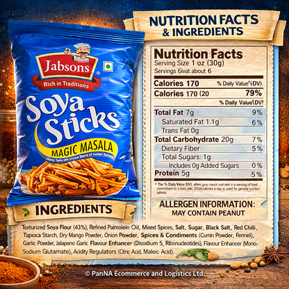 Jabsons Soya Sticks Magic Masala – Spicy Crunchy Soya Snack | High Protein Namkeen | Healthy Tea-Time Snack | Ready-to-Eat Indian Snacks | Crispy Soy Sticks