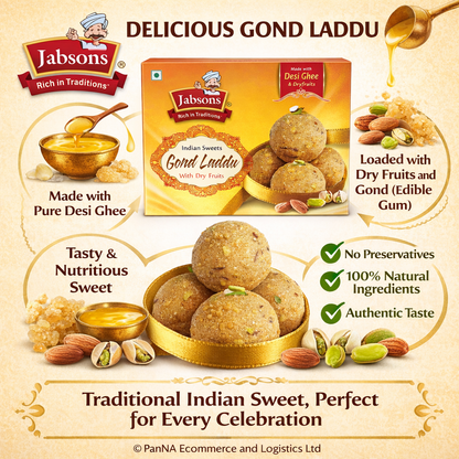 Jabsons Gond Laddu with Dry Fruits | Made with Desi Ghee | Traditional Indian Sweet | Energy Boosting Winter Sweet | Premium Mithai Gift Box | Healthy Ready-to-Eat Sweet