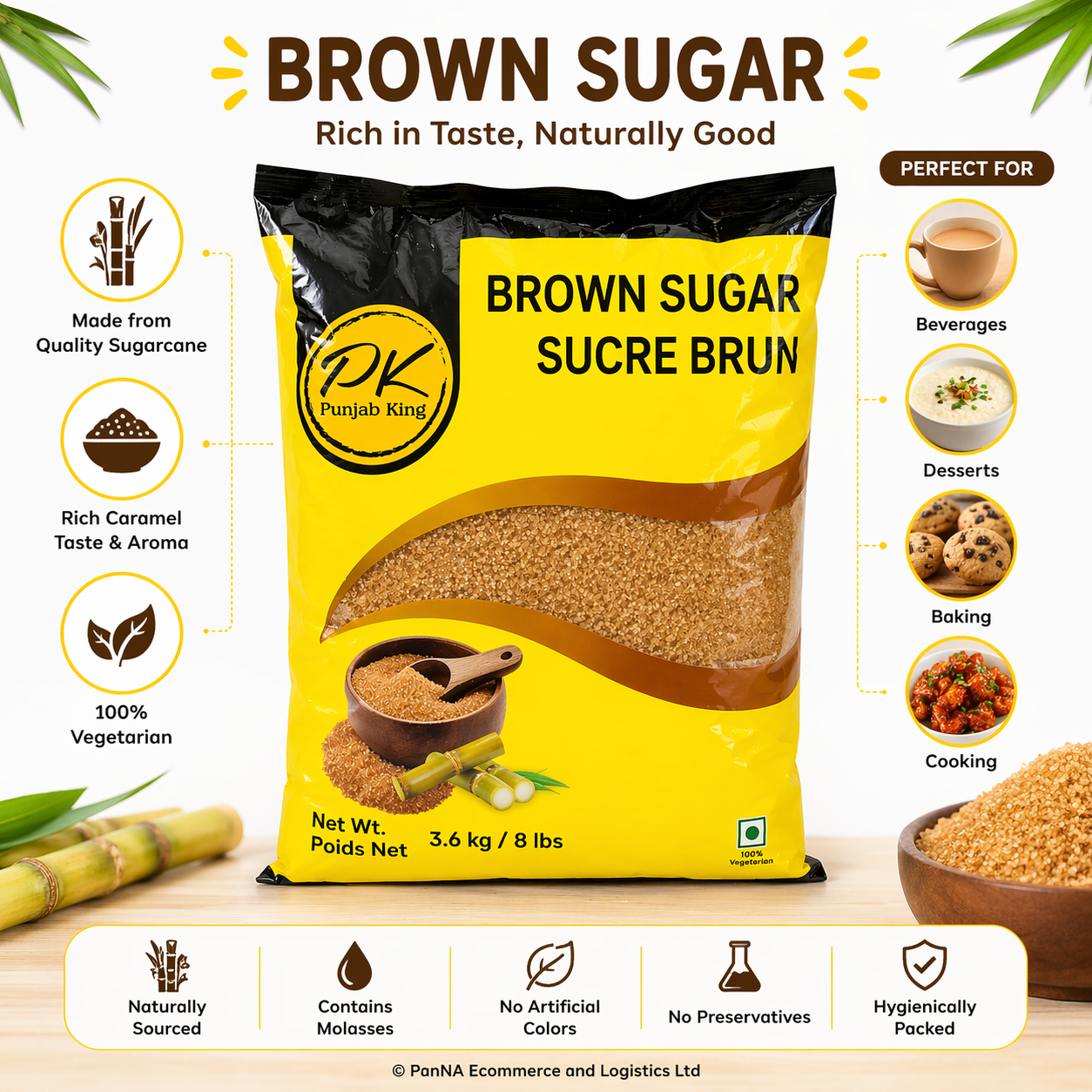 Punjab King Brown Sugar 3.6 kg (8 lbs) – Natural Cane Brown Sugar, Unrefined Granulated Sugar for Baking, Cooking, Tea & Coffee, Rich Molasses Flavor