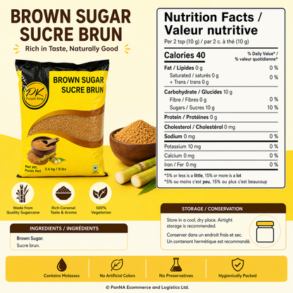 Punjab King Brown Sugar 3.6 kg (8 lbs) – Natural Cane Brown Sugar, Unrefined Granulated Sugar for Baking, Cooking, Tea & Coffee, Rich Molasses Flavor